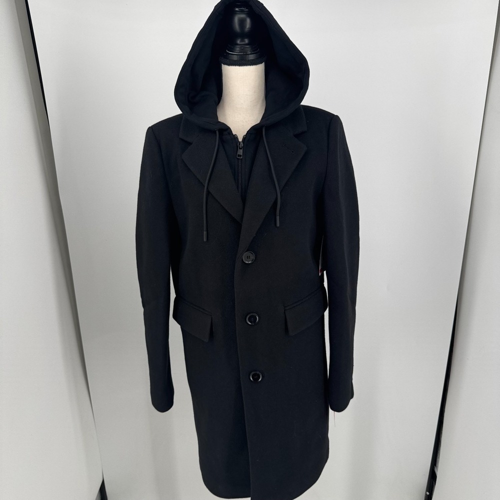 NEW DKNY Hooded Coat MENS Black Long Full Zip Button Close Jacket X SMALL